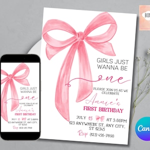 Pink Bow Birthday Invitation Soft Pastel Pink Ribbon Elegant Coquette Girl 1st Birthday Party Invite Girls Just Wanna Be ONE EDITABLE