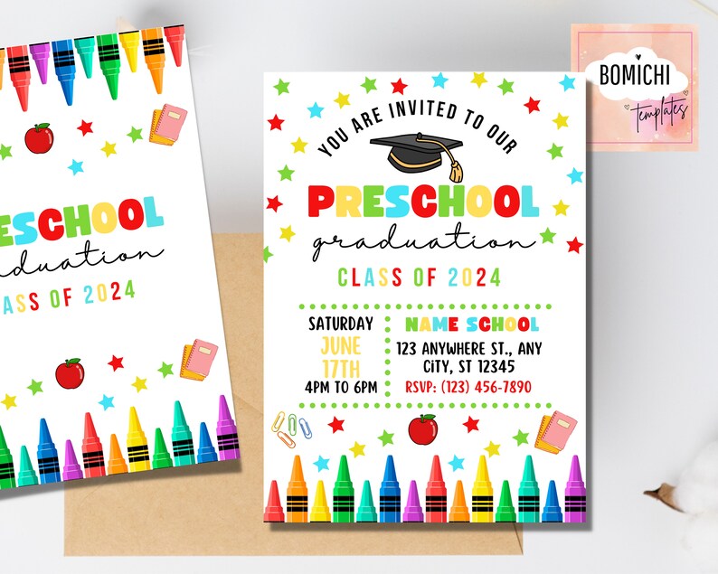 Preschool Graduation Invitation Template, Colorful Crayon Design ...