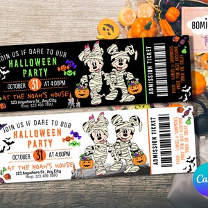 May include: Two admission tickets for a Halloween party featuring Mickey Mouse and Minnie Mouse dressed as mummies. The tickets are black and white with orange and green accents. The text on the tickets reads "Join us if dare to our Halloween Party" and "Admission Ticket".