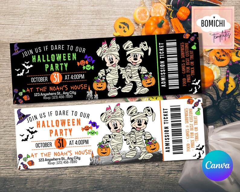 May include: Two admission tickets for a Halloween party featuring Mickey Mouse and Minnie Mouse dressed as mummies. The tickets are black and white with orange and green accents. The text on the tickets reads "Join us if dare to our Halloween Party" and "Admission Ticket".