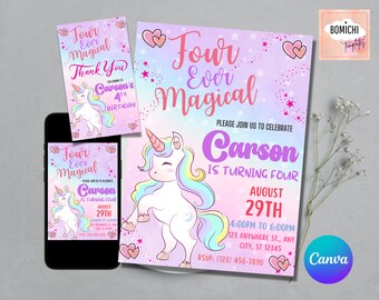 Invitación editable de unicornio para el 4.º cumpleaños, colores pastel (PDF)
