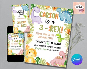 Editable Three Rex Birthday Invitation, Dinosaur Party (CANVA Template)