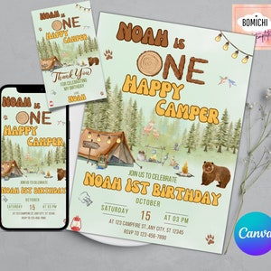 Editable One Happy Camper Invitation, One Happy Camper Birthday Invitation Template, Camping 1st Birthday Invite, FREE Thank You Tag