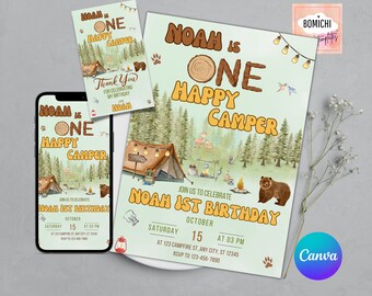May include: A green and brown invitation for a first birthday party with a camping theme. The invitation says "Noah is One Happy Camper" and includes details about the party, including the date, time, and location. The invitation is decorated with a tent, a campfire, and a bear.