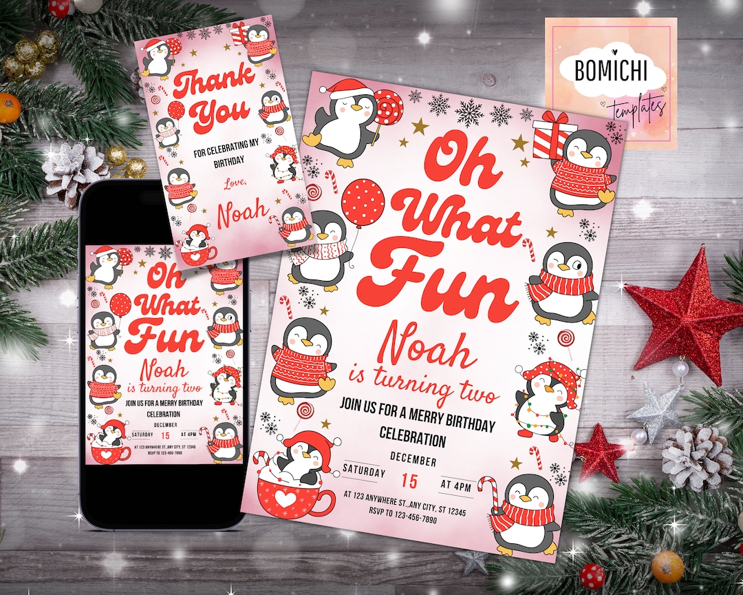 Editable Oh What Fun Birthday Invitation, Christmas Theme (digital ...