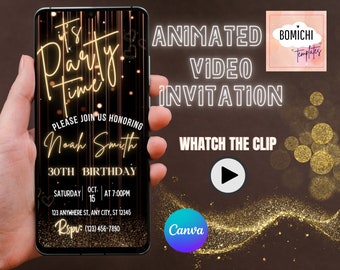 Neon 30th Birthday Video Invitation, Gold Glitter 30th Birthday Video Invitation for Her