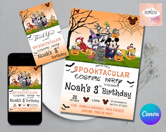 May include: Halloween-themed invitation and thank you card set. The invitation features Disney characters in costumes, pumpkins, bats, and the text "Spooktacular Costume Party" for Noah's 3rd birthday. The thank you card mirrors the design.