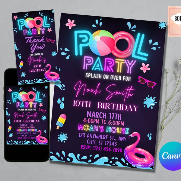 Pool Party Neon Invitation, Printable Pool Party Invite, Pool Party Neon, Summer Pool Party, Retro Neon Lights Editable Template