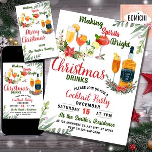 Editable Christmas Drinks Invitation Template, Cocktail Party Invitation, Christmas Cocktails Party Invite, FREE Merry Christmas Tag