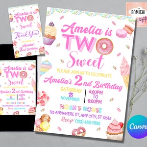 Two Sweet Birthday Invitation, 2nd Birthday Girl, Donut Invitation, Blush Pink Two Year Dessert Invite, Download Printable Editable