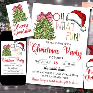Christmas Party Invitation, Kids Holiday Santa Hat, Oh What Fun Invite, Christmas Birthday, Template Canva FREE Merry Christmas Tag