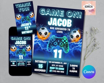 May include: A blue and green video game themed birthday invitation for an 11th birthday party. The invitation features a blue and green video game controller, a soccer ball, and the text "Game On! Jacob Has Advanced to Level 11". The invitation also includes the date, time, and location of the party.