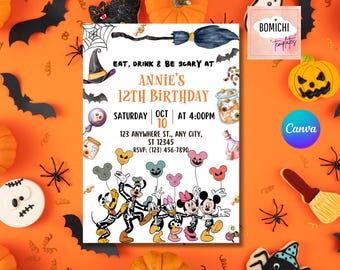 Mickey Halloween Birthday Invitation Template, Canva Editable (Digital Download)