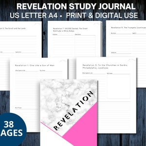 May include: A printable study journal for the Book of Revelation. The cover features a marble background with a pink triangle and the word "REVELATION" in black text. The journal has 38 pages and is designed for both print and digital use.