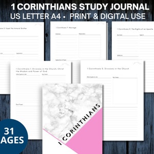 May include: A printable study journal for the book of 1 Corinthians. The cover features a marble background with a pink triangle and the text "1 Corinthians" in white. The journal has 31 pages and is designed for US Letter or A4 paper.