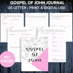 May include: A printable journal for studying the Gospel of John. The cover features a pink and white marble design with the words "Gospel of John" in black.