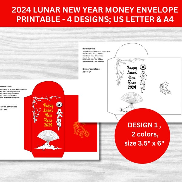 2024 Lunar New Year Money Envelope, Year of the Dragon, Chinese New Year Money Envelope, Red Envelope Template, Red Envelope Dragon