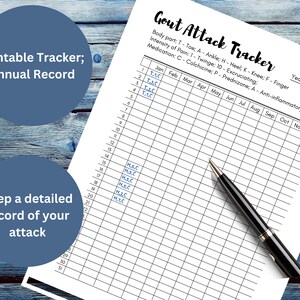 May include: A printable gout attack tracker for recording the location, intensity, and medication taken for gout attacks. The tracker includes a calendar for each month of the year, with space to record the date, body part affected, intensity of pain, and medication taken. The tracker also includes a section for notes.
