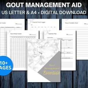 Könnte beinhalten: Ein druckbarer digitaler Download eines GOUT MANAGEMENT AID-Leitfadens mit über 10 Seiten. Der Leitfaden enthält einen Symptom-Tracker, einen Gichtanfall-Tracker, ein Protokoll für Lebensmittel- und Getränkeauslöser, einen Behandlungsplan und ein Tagebuch für bemerkenswerte Anfälle. Der Leitfaden soll Menschen bei der Bewältigung ihrer Gicht helfen.