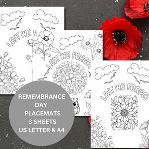 Op de afbeelding: Drie zwart-witte printbare kleurplaten met de tekst "Lest We Forget" en bloemmotieven. De pagina's zijn ontworpen voor Remembrance Day en geschikt voor A4- en US Letter-papierformaten.
