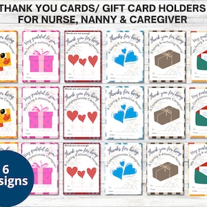 Carte de remerciement pour aide soignante, carte de remerciement pour infirmière, porte-carte cadeau nounou, cadeau pour aidant naturel, infirmière, nounou, porte-carte cadeau imprimable