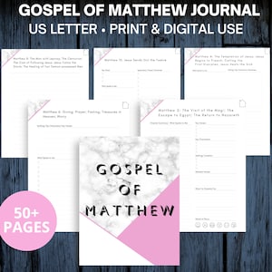 May include: A printable journal for studying the Gospel of Matthew. The cover features a pink and white marble design with the words "Gospel of Matthew" in black text.
