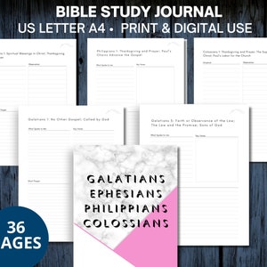 May include: A printable Bible study journal with 36 pages. The cover features a marble background with a pink and white geometric design. The title "Galatians Ephesians Philippians Colossians" is written in black text.