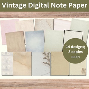 May include: A digital paper pack with 14 different vintage designs, each design has 3 copies. The designs include various textures and patterns, such as marble, floral, and lace.
