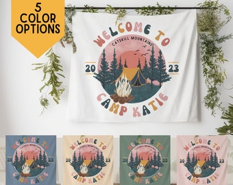 Camp Bachelorette Party Banner, Retro Camping Bachelorette Party Sign, Glamping Wall Tapestry, Mountain Bridal Shower Custom Backdrop Hiking