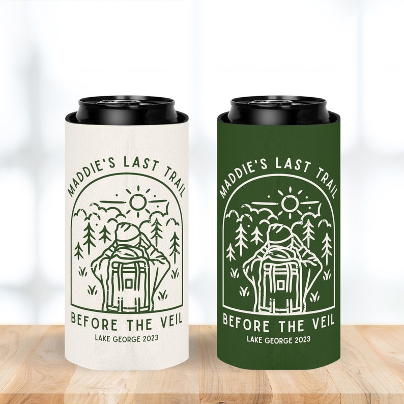 Brides Last Trail Camp Bachelorette Party, Camping Can Cooler, Hiking Bachelorette Party Favors, Mountain Bachelorette, Bridesmaid Cozies image 1