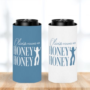 Her Honey Honey Party Favors, Disco Bachelorette Party, Dancing Queens Can Cooler,  Mediterranean Theme Bridal Shower, Bridesmaid Cozies