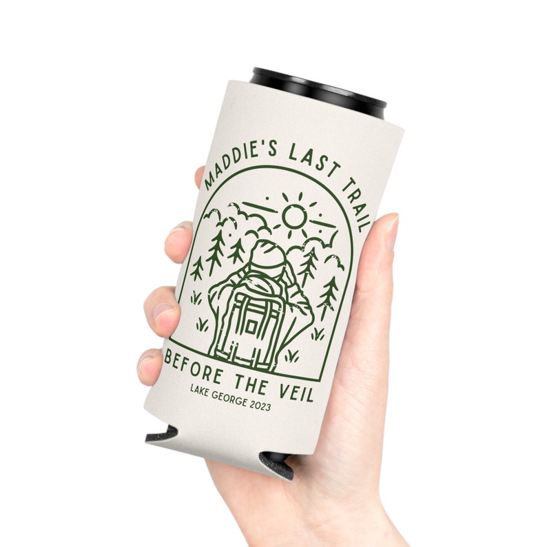 Brides Last Trail Camp Bachelorette Party, Camping Can Cooler, Hiking Bachelorette Party Favors, Mountain Bachelorette, Bridesmaid Cozies image 4