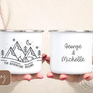 Personalized Engagement Camping Mug, Wedding Gift, Custom Mug Gift, Mountains Engaged Mug Name, Campfire Mug, Adventure Mug Hiking 12 oz