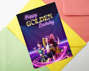 Carte de fête d&#39;anniversaire personnalisée Kpop Demon Hunter, carte de fête numérique, carte d&#39;anniversaire personnalisée à thème K-pop, Rumi, Zoey, Mira