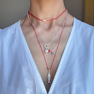 Silver Movable Fish Necklace, Fish Luck Pendant, Red String Necklace, 925k Silver Jewelry, Gift for Her, Valentine’s Day Gift, Sardine Charm