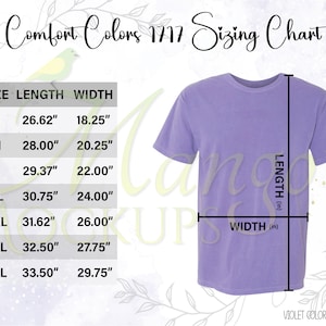 Comfort Colors 1717 Unisex Size Chart - TShirt Size Chart - Comfort Colors 1717 Sizing Chart Mockup - Size Chart Mockup - Shirt Sizing Guide