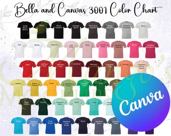 May include: Color chart showing 36 different Bella + Canvas 3001 t-shirt colors. The chart includes a variety of colors, including black, white, red, blue, green, yellow, and pink.