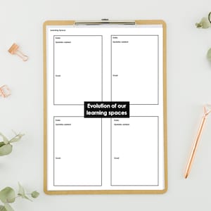 Pode incluir: Uma prancheta com uma folha de papel branca com um layout de grade para anotações, com o texto "Evolution of our learning spaces". Uma caneta e um clip de papel dourados são visíveis. O layout inclui seções para datas, atualizações e metas.