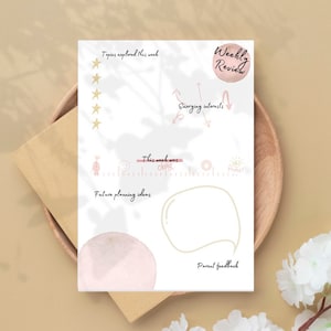 May include: A printable weekly review planner with sections for topics explored, emerging interests, a mood tracker, future planning ideas, and parent feedback.