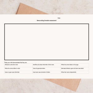 May include: A black and white printable worksheet for assessing a child's name writing skills. The worksheet includes a space for the child to write their name and a checklist of skills to assess, such as writing the correct letters in order, using uppercase and lowercase letters, and writing their name independently.