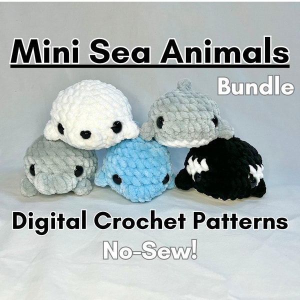 No-Sew Sea Animals Bundle PDF CROCHET PATTERNS - Seal, Orca, Shark, Dolphin, Manatee - Amigurumi Adorable, Quick Makes, Under 30 min