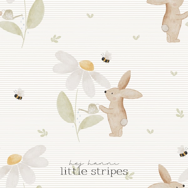 Digital fabric design flower rabbit little stripes seamless pattern children's fabric HejHanni fabric pattern seamless pattern children's clothing HHF010