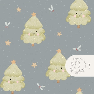 Puede incluir: Patrón repetitivo de árboles de Navidad de dibujos animados, estrellas e insectos sobre un fondo gris. Los árboles son de color verde claro con caras sonrientes y estrellas en la parte superior. Las estrellas son de color beige y los insectos blancos con detalles rojos.