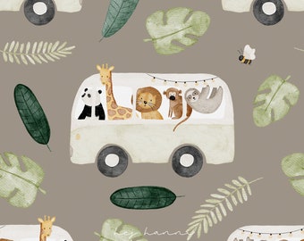 Digitales Stoffdesign Safaribus taupe nahtloses Muster Kinderstoff Hej Hanni Stoffmuster seamless pattern Junge Stoff Kinderkleidung HHF012