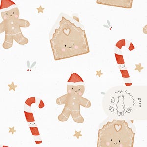 Puede incluir: Patrón repetido de hombrecitos de jengibre con gorros rojos de Papá Noel, casas de jengibre, bastones de caramelo y estrellas doradas sobre fondo blanco. Los hombrecitos y las casas de jengibre tienen caras sonrientes. Los bastones son de rayas rojas y blancas.