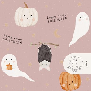 Puede incluir: Ilustración caprichosa con temática de Halloween sobre un fondo rosa. Presenta una calabaza blanca, un murciélago colgado boca abajo, dos fantasmas, una luna creciente, estrellas y el texto "happy happy HALLOWEEN". También hay una ilustración de oso.