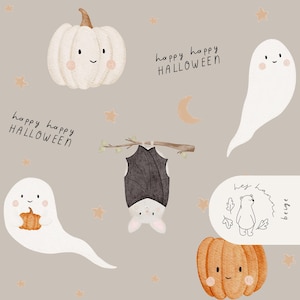 Puede incluir: Una ilustración caprichosa con temática de Halloween con una calabaza blanca, dos fantasmas amigables, un murciélago colgando de una rama y una calabaza naranja sonriente. Las palabras "happy happy HALLOWEEN" están escritas en una fuente lúdica. Fondo beige con estrellas.