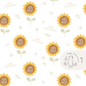 Puede incluir: Patrón repetido de acuarela con girasoles sonrientes con centros marrones y pétalos amarillos, tallos y hojas verdes, y el texto "little sunflower" sobre un fondo blanco. Una pequeña ilustración de un oso está en la esquina inferior derecha.