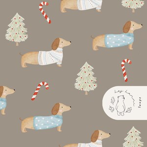 May include: A repeating pattern featuring dachshunds wearing sweaters, Christmas trees, and candy canes on a taupe background. The dachshunds are tan with brown ears, and the sweaters are blue and white. The trees are green with red ornaments.