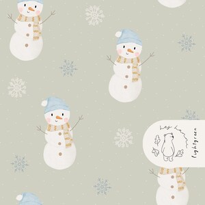 May include: A repeating pattern featuring snowmen with blue hats and scarves, set against a light gray background with snowflakes. Each snowman has a carrot nose and twig arms. The design includes the text "lightgreen".